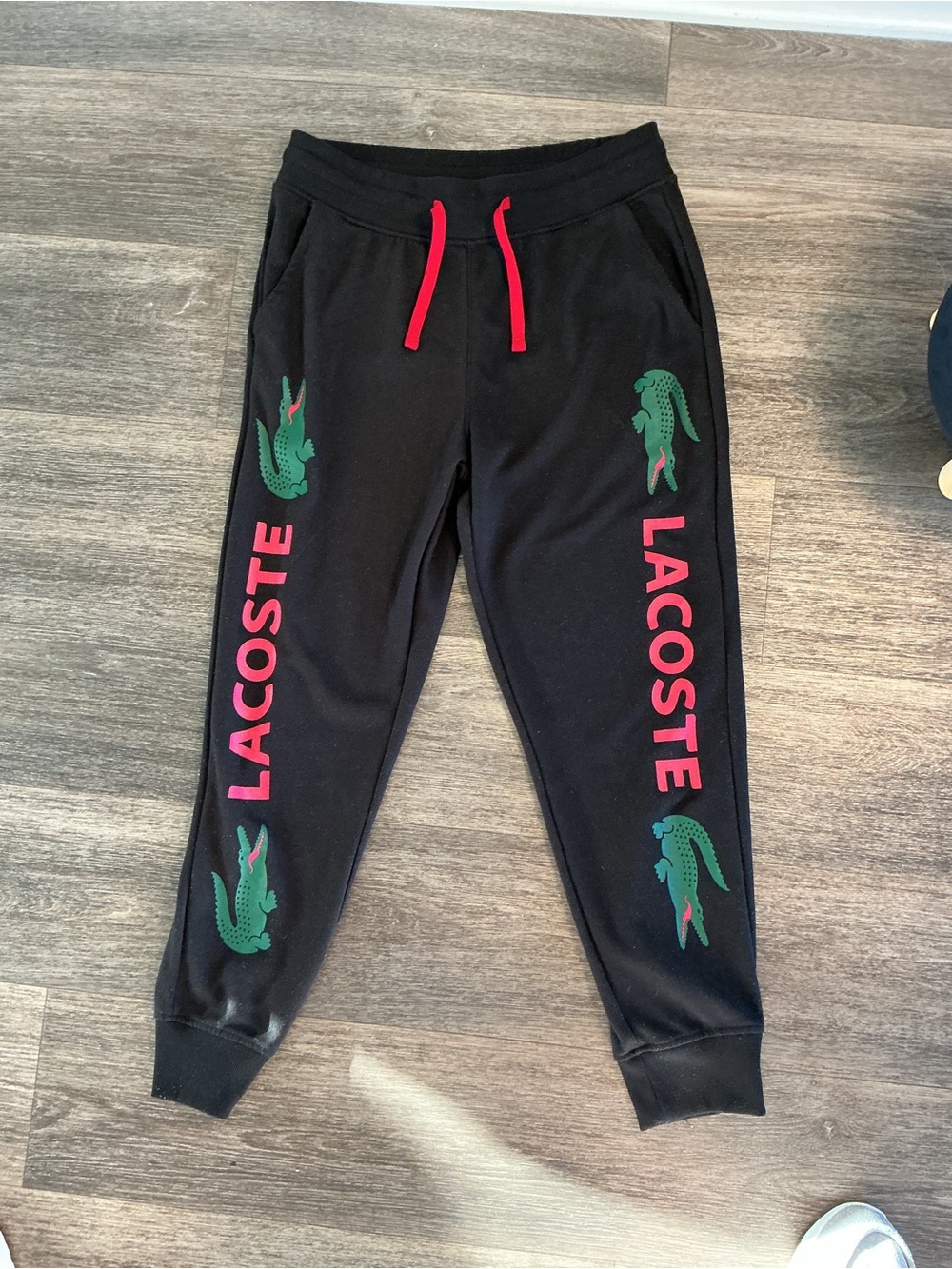 Lacoste Men Black Jogger Pants with Pink Logo and Green Crocodile
